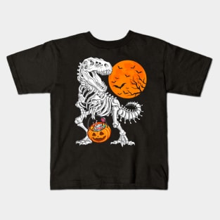 Halloween Boys Dinosaur Skeleton T rex Scary Pumpkin Moon Kids T-Shirt